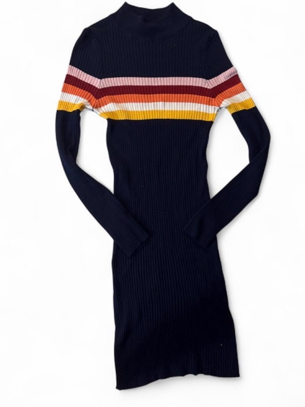 Navy Ribbed Long-Sleeve Dress with Multicolor Stripes